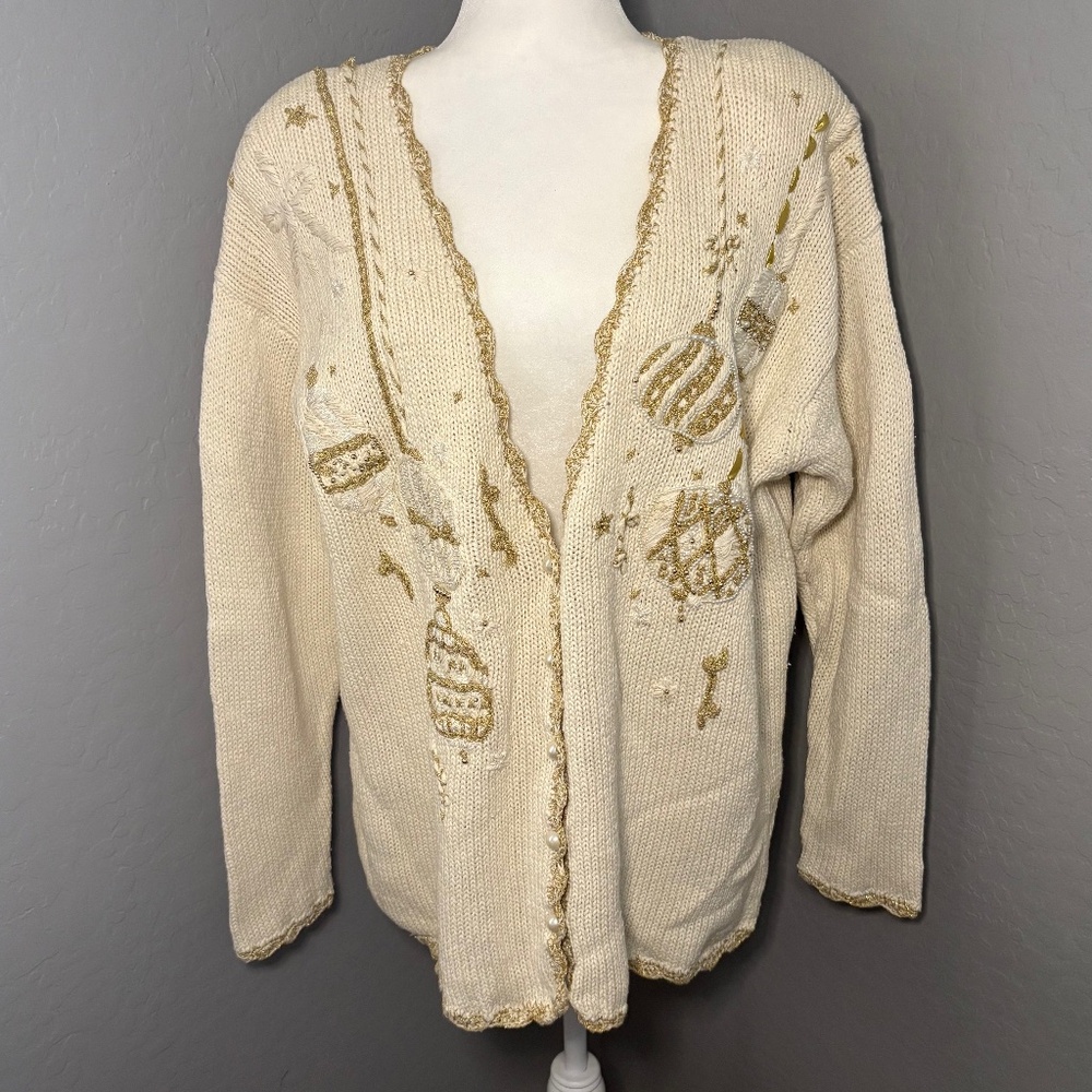 Vintage Jacqueline Christmas Cardigan Sweater Cream‎ Gold Size Large